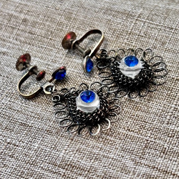 RARE Estate Find! ANTIQUE silver filigree JEWELRY SET PEACOCK SAPPHIRE BLUE - Picture 6 of 7